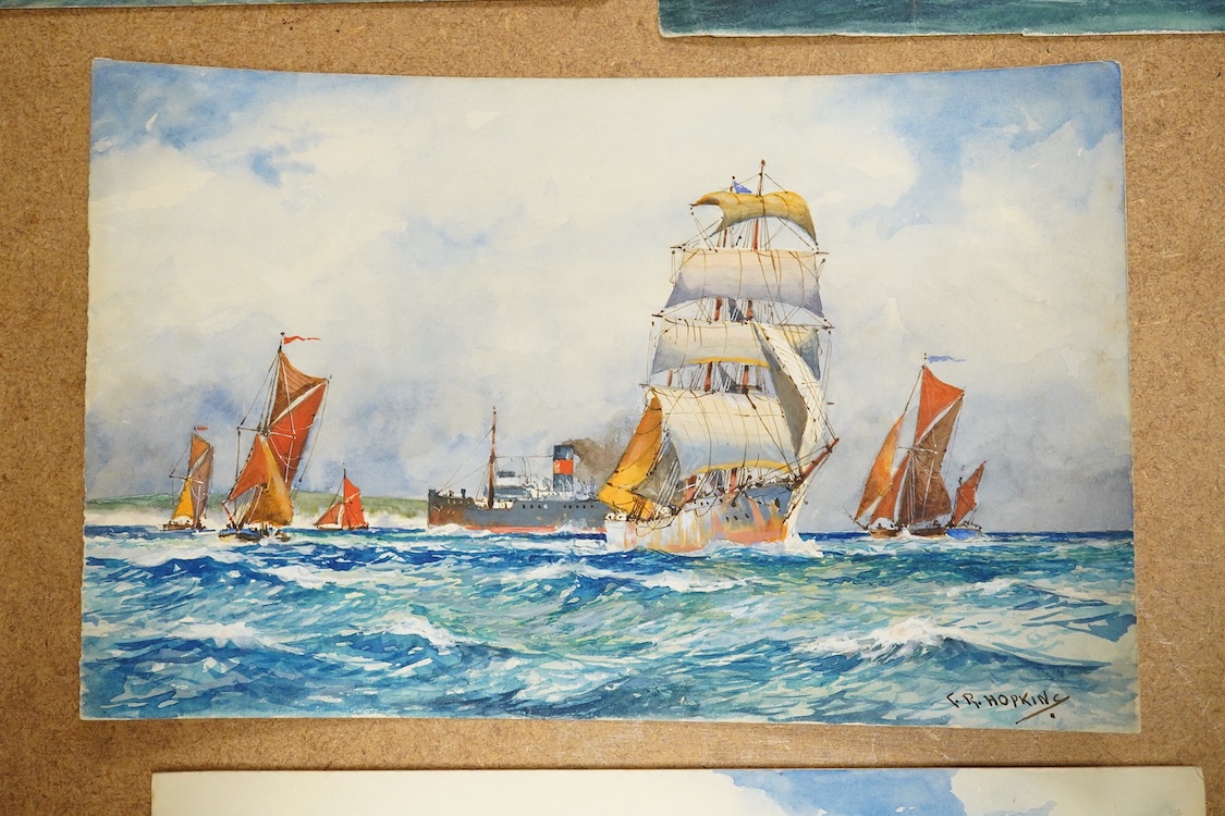 Charles Hopkins and AFD Bannister, five original watercolours for postcard designs, Channel shipping scenes to include ‘Off Dover’ and ‘Off the Gull Light’, four by Hopkins, one by Bannister, four signed, unframed, large